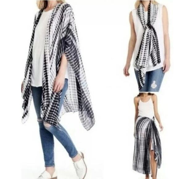 Michael Stars Wrap Scarf Tie Dye Cover Up Black White Summer Beach Swim Pool Day - Picture 2 of 12